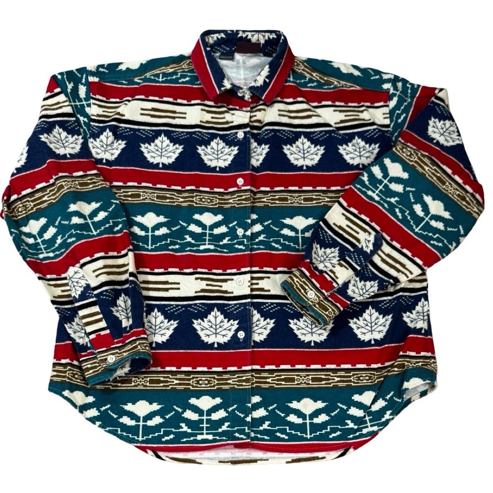 Woolrich Flannel Shirt‎ Women Large 100% Cotton Made USA Southwestern Maple Leaf